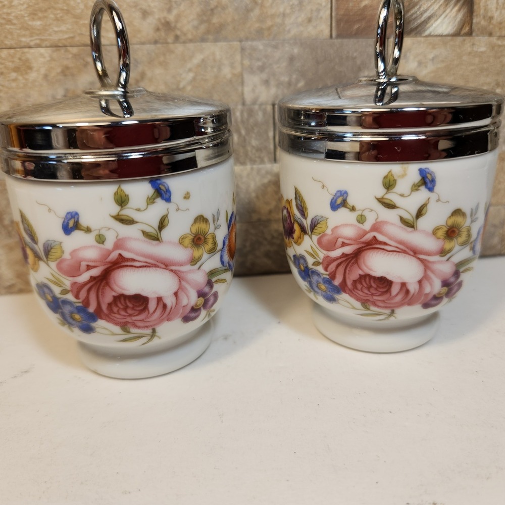 Royal Worcester Porcelain Egg Coddlers Set of 2 Floral Rose Made in England